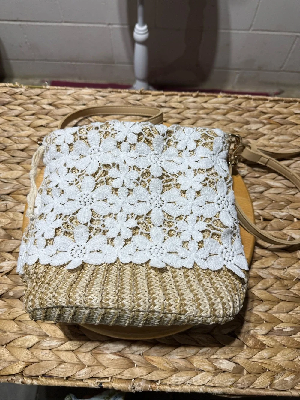 Woven Straw Crossbody Bag with White Floral Lace Overlay